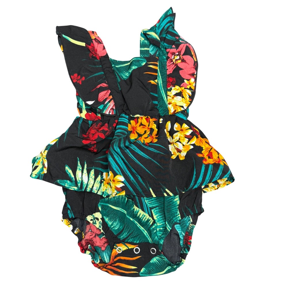 PatPat Baby Girls Tropical Floral Ruffle Romper Bodysuit Black 3-6M 100% Cotton